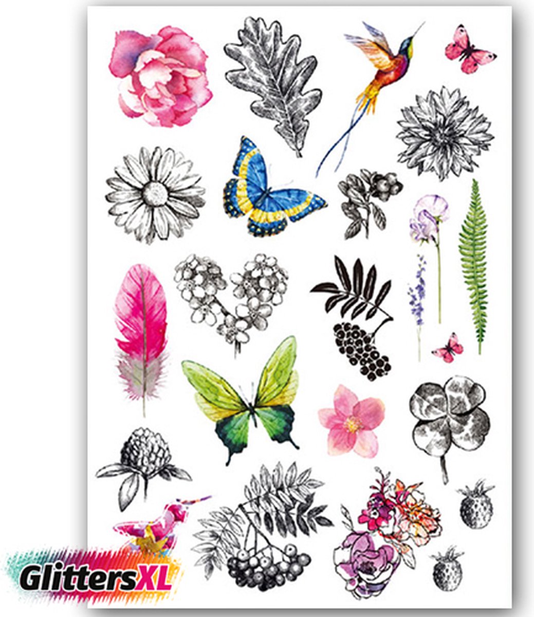 GlittersXL - Temporary Tattoo Vogels/Bloemen/Vlinders (A5 formaat) [Neptattoo - Tijdelijke tatoeage - Nep Fake Tattoos - Water overdraagbare festival sticker henna outfit tattoo - Glitter tattoo - Volwassenen Kinderen Jongen Meisje]